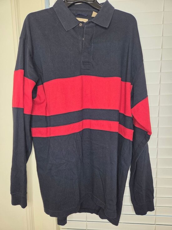Arrow Other - Arrow Mens LS Rugby Polo Shirt L Navy Red Color Block Stripe VTG Normcore bloke